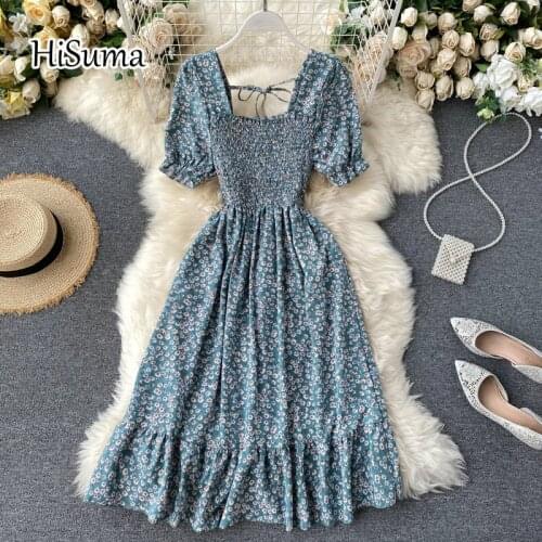 2020 summer new women chic square collar flower puff sleeve lace-up ruffles chiffon fairy dress female elegant A-line dresses