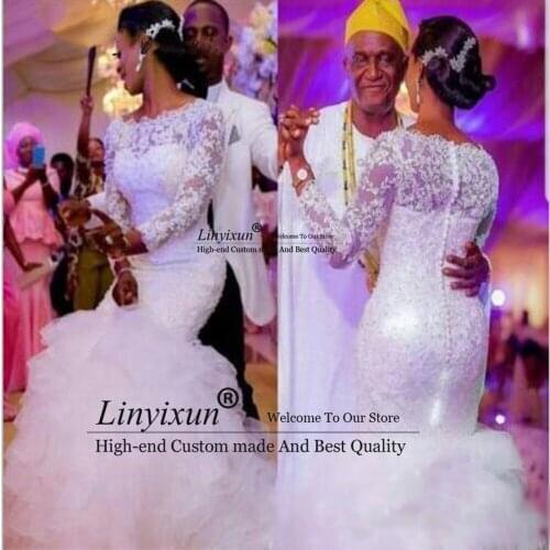 Boat Neck Tail Tiered Mermaid Wedding Dresses Africa New 2021 Long Sleeve Crystal Beading Lace Bridal Dress Vestido de noiva