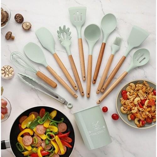 11 Pieces Cooking Tools Wood Handle Silicone Kitchenware Non-Stick Cooking Utensils Kitchen Accessories with Storage Bucket