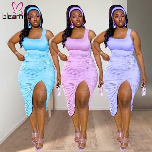 Large Plus Size Womens Pleated Bodycon Dress Sleeveless Split Skinny Elegant Ladies Dresses Clothing 4XL 5XL Outfits 2021