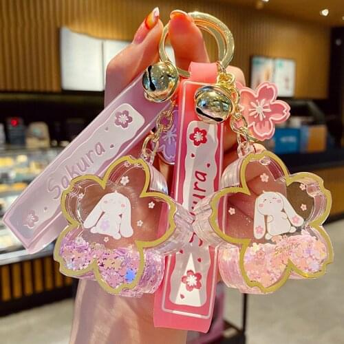 Cute Cartoons Liquid Sakura Quicksand Sequins Keychain Bunny Animal Keyring Holder Women Bag Pendant Car Key Chain Trinket Gift