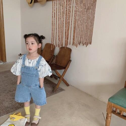 Childrens Denim Overalls 2021 New Summer Kids Girls Boys Casual Loose Short Jumpsuit Toddler Baby Big Pocket Short Overalls