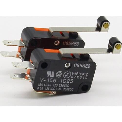 2pcs Micro V-156-1C25 micro switch limit switch self-reset 3-pin long handle with a wheel silver point