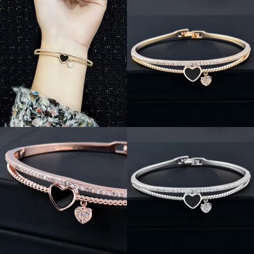LEEKER Romantic Black Heart Bangle Cuff For Women Gold Silver Color Crystal Heart Pendant Bracelets 2021 trend bijoux 151 LK2