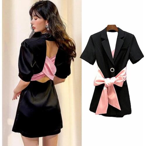 Summer Womens Dress 2021 Designer New Dresses For Women Back Hollow Out Chic Pink Bow Short Sleeve Dress Women Vestidos SL004