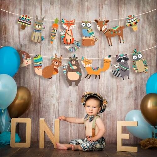Woodland Party Cute Rabbit Fox Owl Raccoon Wall Hanging Bunting Cartoon Indian Wild Animals Happy Birthday Banner Party Favors