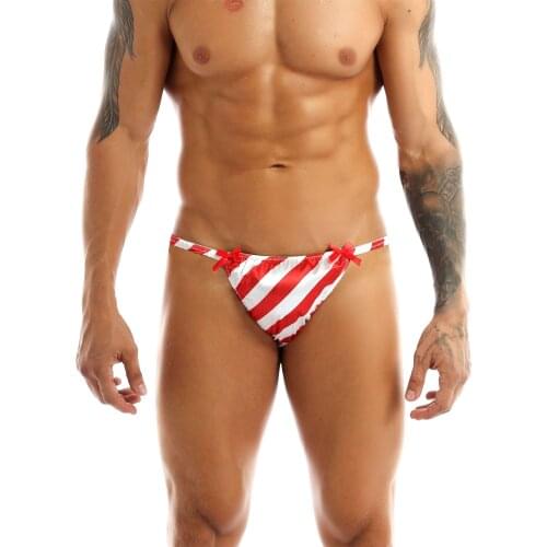 Mens Shiny Satin Striped Xmas Christmas Sissy Exotic Panties G-Sting Jockstraps Pouch Sexy Bikini Breifs Lingerie Underwear