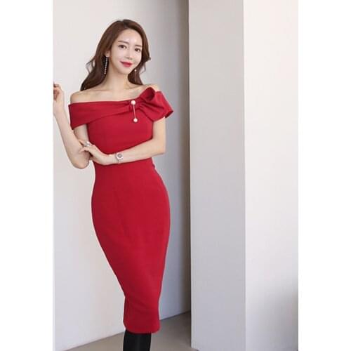 New arrival fashion korean summer midi party dress women OL professional temperament sexy off-shoulder bow pearl slim dress