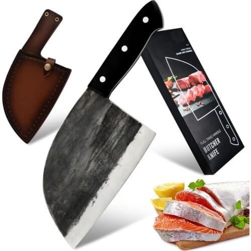 US Delivery Full Tang 7 Inch Butcher Kitchen Knife Sheath Leather Case Gift Knife Set Stainless Steel Wide Blade Wood Handle DIY