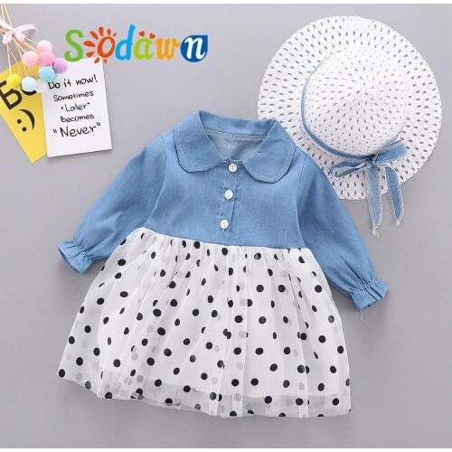 Sodawn Autumn Infant Baby Girls Dress Girls Denim Long Sleeve Stitching Mesh Princess Dress+Hat Toddler Clothes