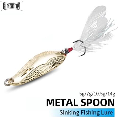 Top KINGDOM Metal Spoon 5g 7g 10.5g 14g Metal Material Feather Hook Swimbaits Spinner Spoon Fishing Lures Artificial Bait Lures