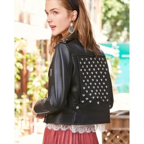 Women Genuine Leather 2019 New Fashion Lady Bomber Motorcycle Sheepskin Jackets High Quality Love Rivet Decoration