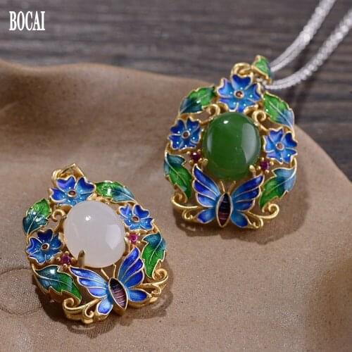 2020 new S925 pure silver jewelry gold-plated craftsmanship stylish burnt blue woman jasper / white jade rich flower pendant