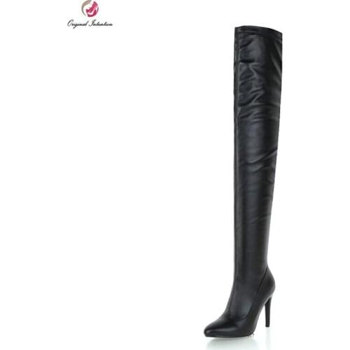 Original Intention Fashion Women Thigh High Boots Pointed Toe High Heels Boots Black White Ladies Shoes Woman Plus US Size 3-16