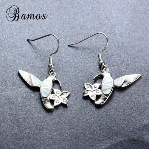 Bamos Exquisite Silver Color Cute Flower & Bird Double Drop Earrings For Women Blue Fire Opal Female Wedding Gifts