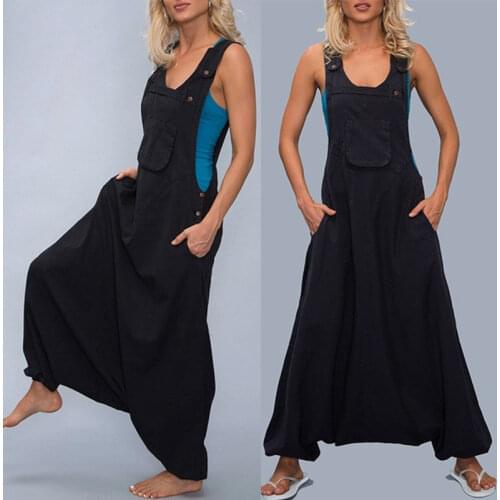 Women Jumpsuits Plus Size U Neck Sleeveless Backless Side Pockets Baggy Long Jumpsuits Ladies Loose Romper Harem Pants S-5XL