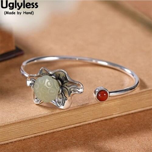 Uglyless Glossy Silver Lotus Leaf Bangles for Women 100% Real 925 Silver Ethnic Jewelry Natural Jade Lotus Open Bangles Agate