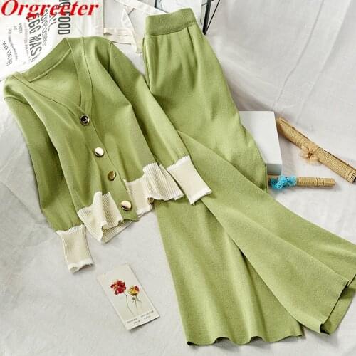 2019 Autumn Female Simple Color matching Longt Sleeve Knitted Cardigan + Knit Wide Leg Pants Womens Casual 2 Piece Trousers Set