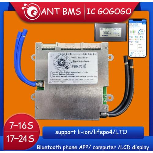7S to 16S 17S to 24S Ant BMS Lithium Battery Protection Board 72V Li-ion 60V Lifepo4 50A 100A 8S 13S 14S 20S LCD Smart Bluetooth