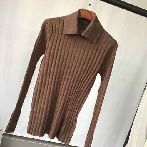 Basic top beige Coffee Rib-knitted top Turn Down Collar Long Sleeves silk cashmere Blend Jumper