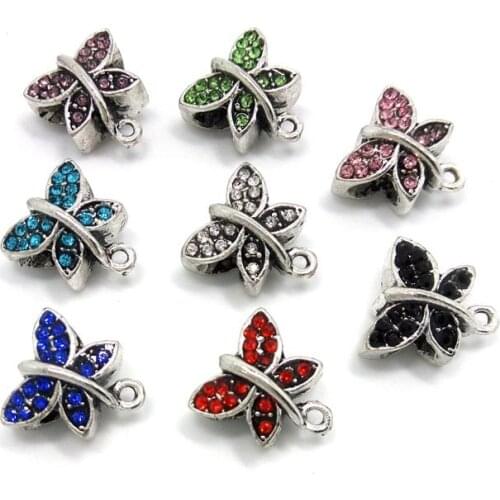Free Shipping 50pcs butterfly rhinestone beads big hole alloy charms with small ring fit European bracelet DIY