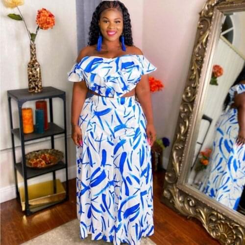 Wide Leg Pant Suits 2 Piece Set Women Slash Neck Crop Tops And Pant Outfits Summer New Print Streetwear 5XL Plus Size Women Sets