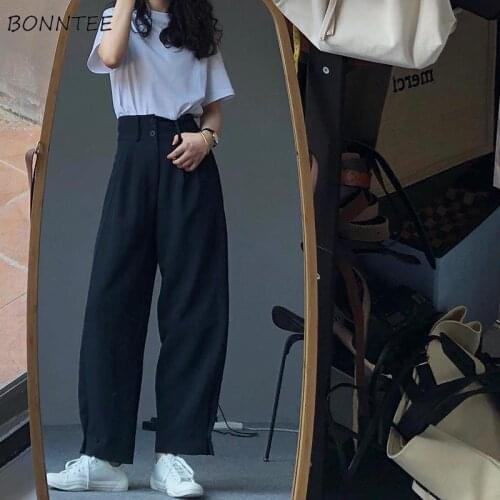 Pants Women 2021 Retro Solid Wild Wide Leg Trousers Female Summer New Korean Fashion High Waist Casual Ankle-length Office Lady