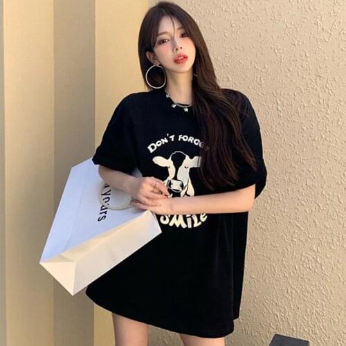 Summer Black Cow Print T-Shirt Female Summer 2021 New Fashion Loose High Street Girl Top Hip-Hop Summer Dress