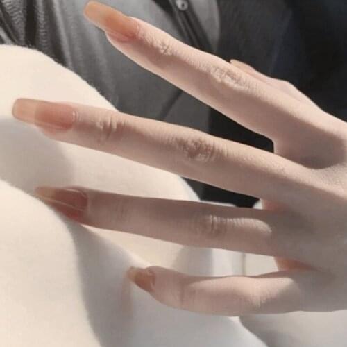 24pcs Artificial Nails With Glue Medium And Long Jelly Milks Tea Wearable Nail Stickers Finished Fake Nails Press On For Girls D