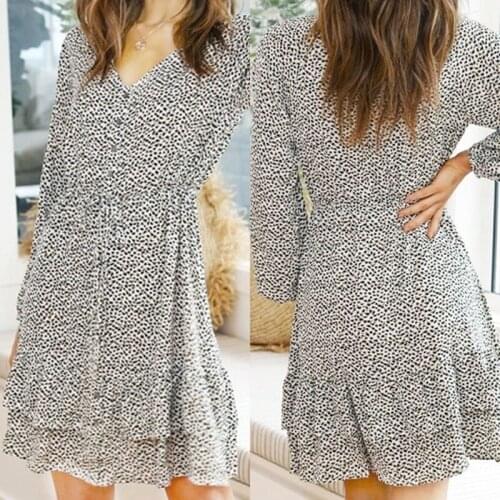 Kili Women Mini Dress Autumn New Sexy V-Neck Strap Long Sleeve Leopard Dress WomenS Fashion