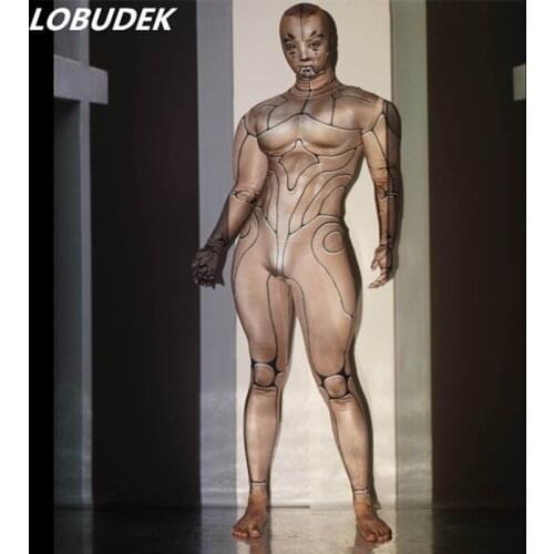 Bar Night Club Men Pole Dancing Costume 3D Print Jumpsuit Elastic Skinny Bodysuit Tights Muscle Man Acrobatics Performance Wear