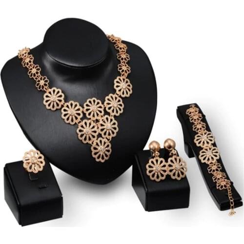 Dubai Gold Jewelry Sets for Women Bridal Jewelry Flower Chocker Necklace Earrings Fashion Wedding Bridesmaid Jewelry Sets