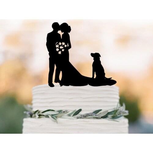 Mr and Mrs Wedding Cake Topper, Groom kissing brides forehead with dog silhouette Cake topper , funny wedding cake topper decor