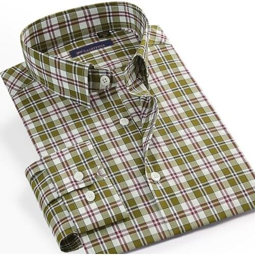 England Style Plaid Checkered Fashion Shirt Pocketless Design 100% Cotton Mens Casual Long Sleeve Standard-fit Gingham Shirts