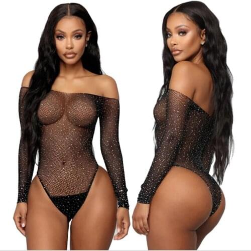 Fashion Lingerie Femme Sexy Lace Underwear Erotic Fishnet Rhinestone Lenceria Off Shouder Black Sleepwear Dress Baby Doll Teddy