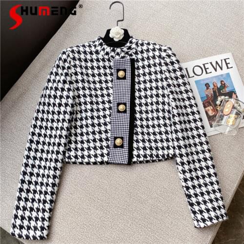 2021 Autumn New Fashion All-Match Houndstooth Short Woolen Coat Female Round Neck Long Sleeve Woven Woolen Coat for Women