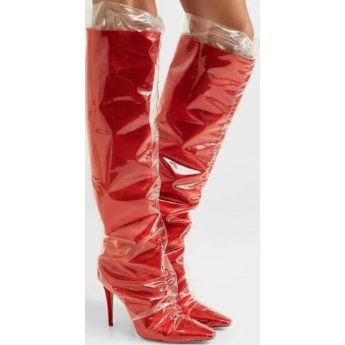 Spring New Women Khaki Red Solid Color Off-White 100 mm Stiletto Heel Slip On Pointed Toe Knee High Leather Long Tulle Boots
