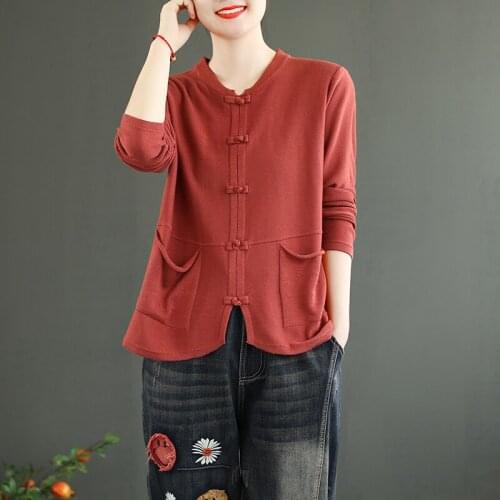 Chinese Style Clothing Women Clothes 2021 Cheongsam Top Chinese Traditional Shirt Blouse Knitted Hanfu Ladies Chinese Tops 12606