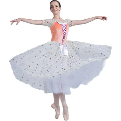 Orange Velvet Top Bodice with embroidery mesh Long Romantic Ballet Tutu Girl & Women Dancewear Ballet Tutu