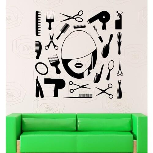 Barber Tools Scissors Comb Hair CIrcle Mirror Grooming Barber Shop Beauty Haircut salon Window Decal Wall Art Vinyl StickerB031