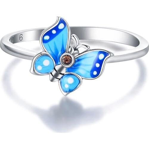 LOVANS Silver Ring Butterfly Finger Rings Oil Painting Pattern Wedding Bridal Ring Wedding Party Birthday Valentines Day