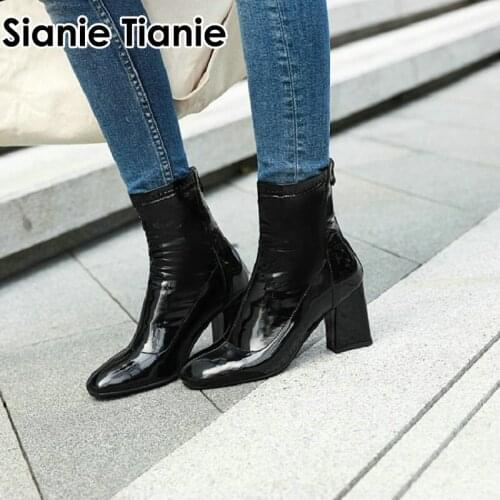 Sianie Tianie patent PU leather winter autumn woman shoes solid color block high heels stretch boots for women ankle booties