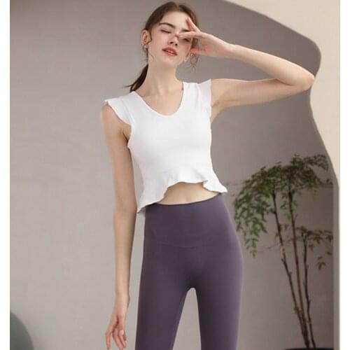 Sports Bra Women Yoga Crop Top V-Collar Sleeveless Ruffle Fitness Vests U-Back Padded Shockproof Brassiers Nylon Soft Tank Tops