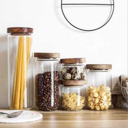 Glass Storage Tank With Wood Cover Spices Sugar Jar Container Kitchen Food Bottle Coffee Beans Tea Caddy 1pc