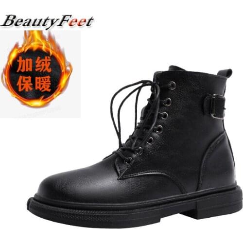 Warm Plush Winter Ankle Boots Lace up Buckle Solid Leather Motorcycle Boots Thick Bottom Square Heels Platform Boots Plus Size