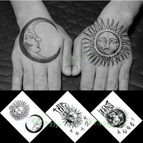 Waterproof Temporary Tattoo Sticker Sun Moon Letter Pattern Stickers In Hand Flash Tattoo Fake Tattoo for Men Women Girl 3 Pcs