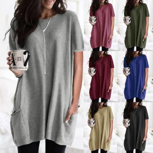 2021 Casual O-Neck Loose Large Size Tops For Summer Women Fashion Short Sleeve Solid Cotton Splice With Pockets Hot Sale T-Shirt