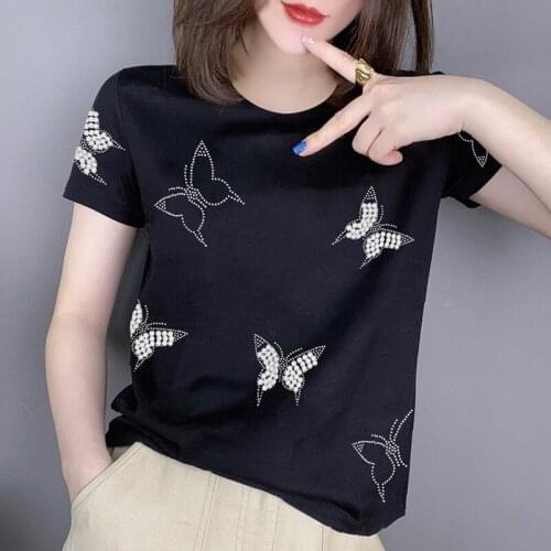 Beaded Black Butterfly Women T-Shirts Summer New Design 2021 O-Neck Short-Sleeved Slim Female Pulls Outwear Tops Tees