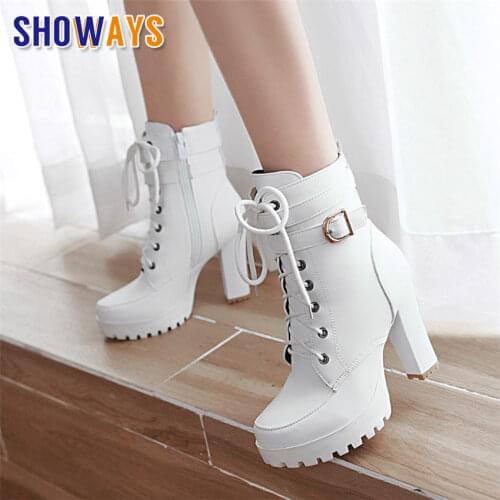 Plus Size Winter Women Ankle Boots Brown Black High Chunky Heel Party Office Ladies Buckle Zipper Punk Motorcycle Platform Boots