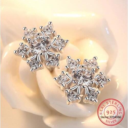 LEKANI 925 Sterling Silver Stud Earrings High Quality Woman Fine Jewelry Retro Simple Snowflake Crystal Zirconia Earrings